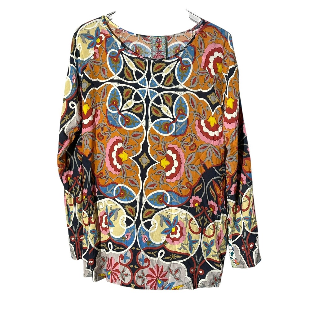 Johnny Was Geometric Top Lightweight Pullover Round Neck Tunic Size S Orange